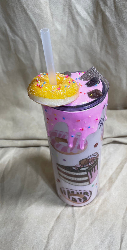 Donut Tumbler, 20oz Straight Skinny pink donut and pastries design with 3d donut topper with a touch of glitter, straw and extra plain lid