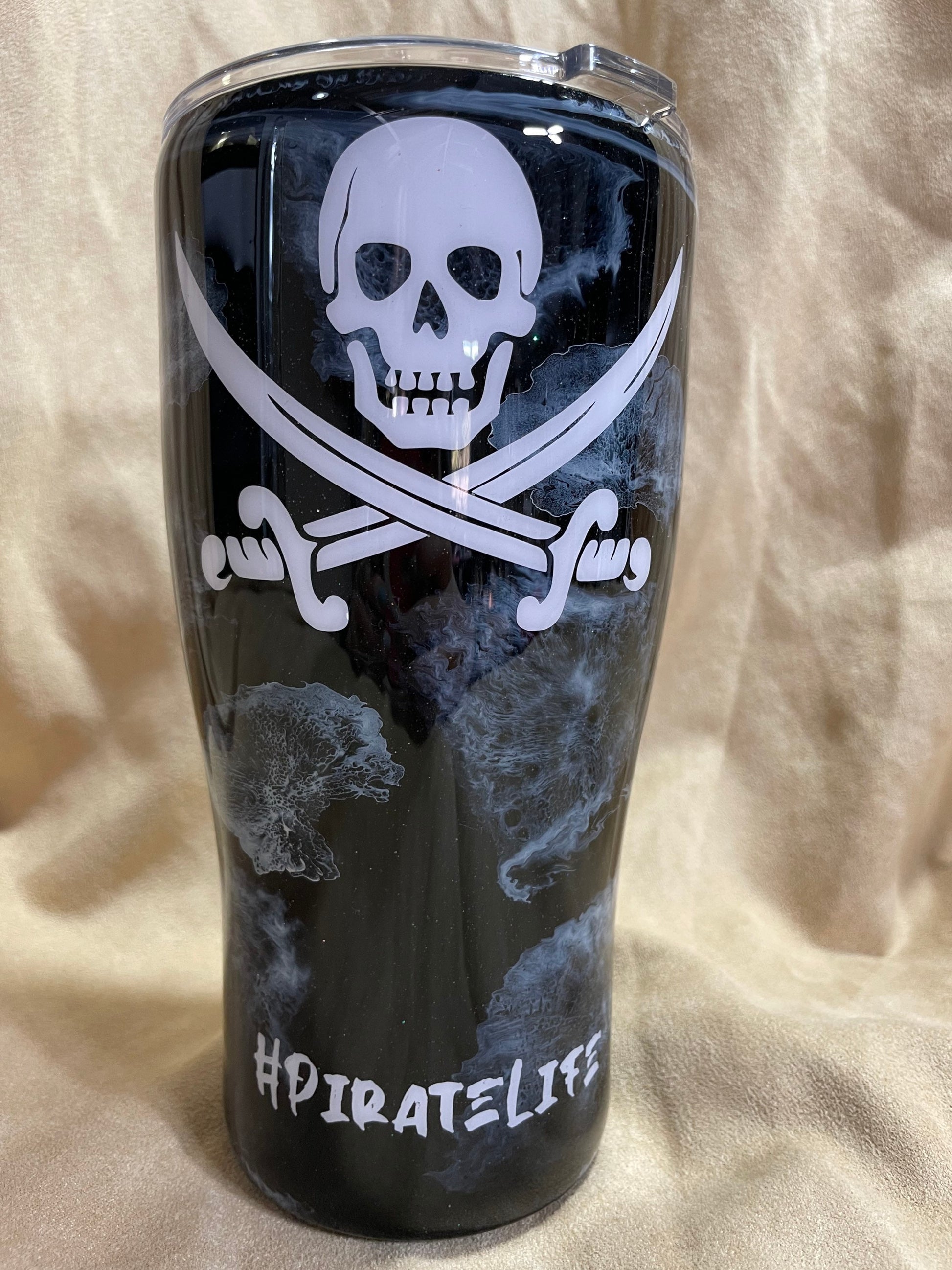 Pirate Tumbler (with slide lid and straw) pirate sword and skull with black background and white smoke effect