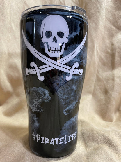 Pirate Tumbler: Skull & Swords, Black Smoke Effect, Insulated Stainless Steel