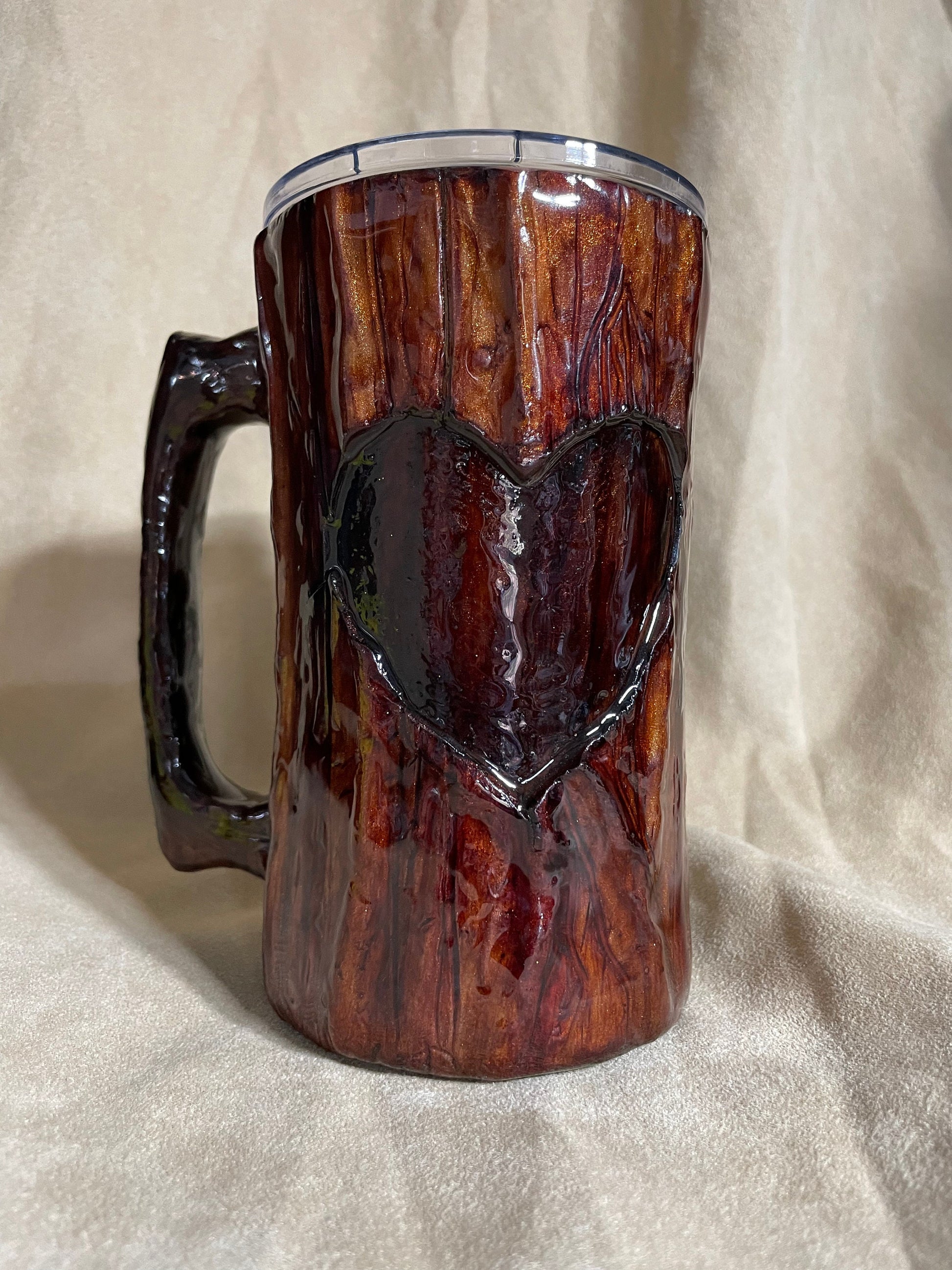 Handmade Wood Look Tumbler: 20oz Log Mug with Carved Heart