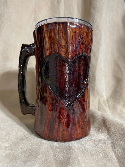 Handmade Wood Look Tumbler: 20oz Log Mug with Carved Heart