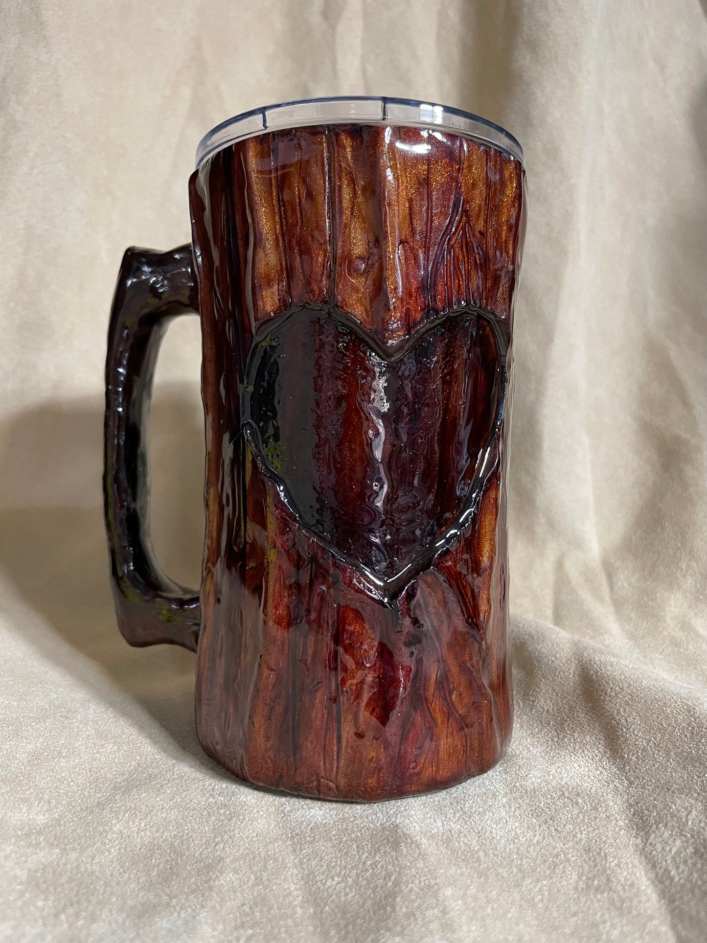 Wood tumbler, Log Mug Tumbler, 20oz personalized customized 3d handmade wood looking cup with a carved heart.