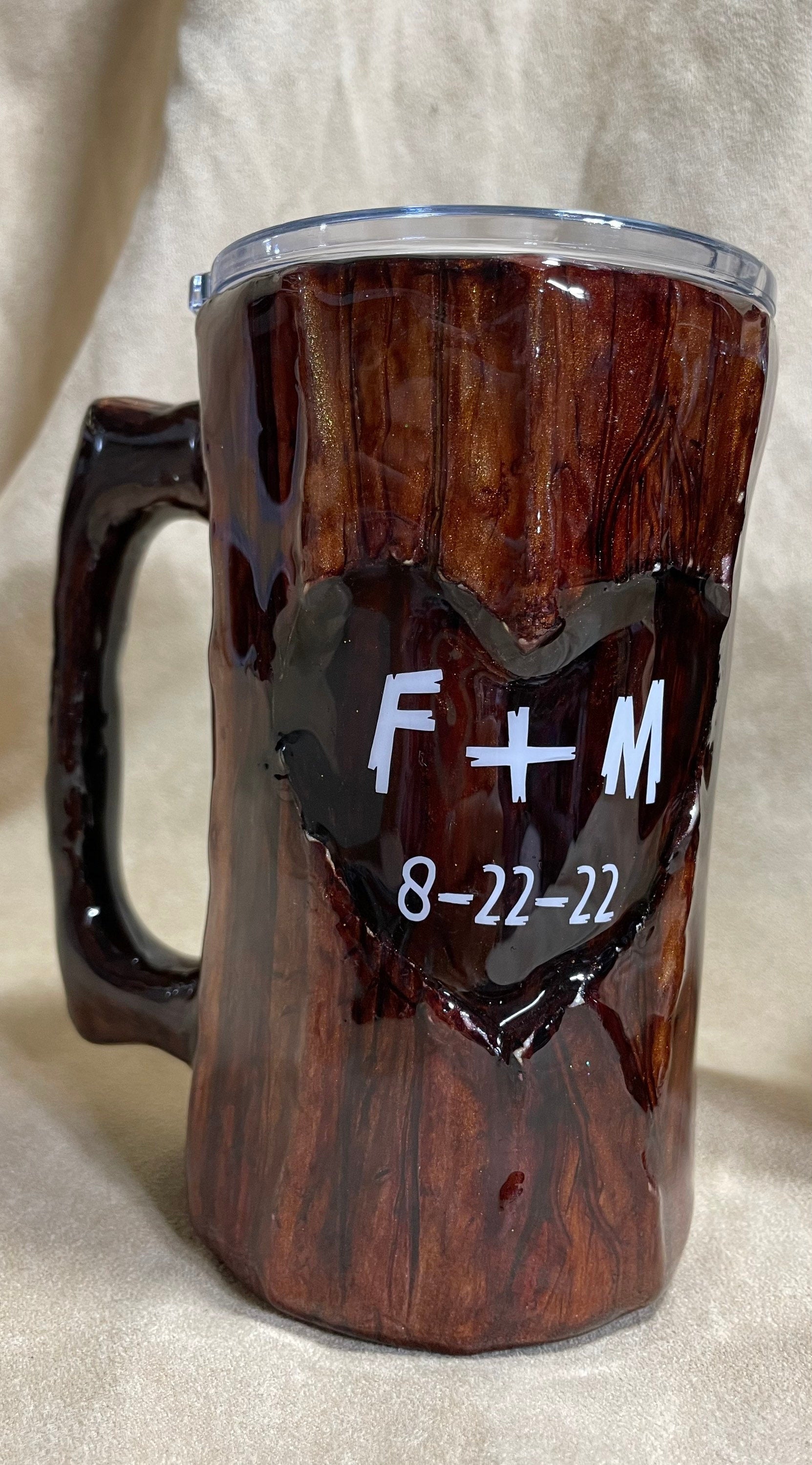 Wood tumbler, Log Mug Tumbler, 20oz personalized customized 3d handmade wood looking cup with a carved heart.