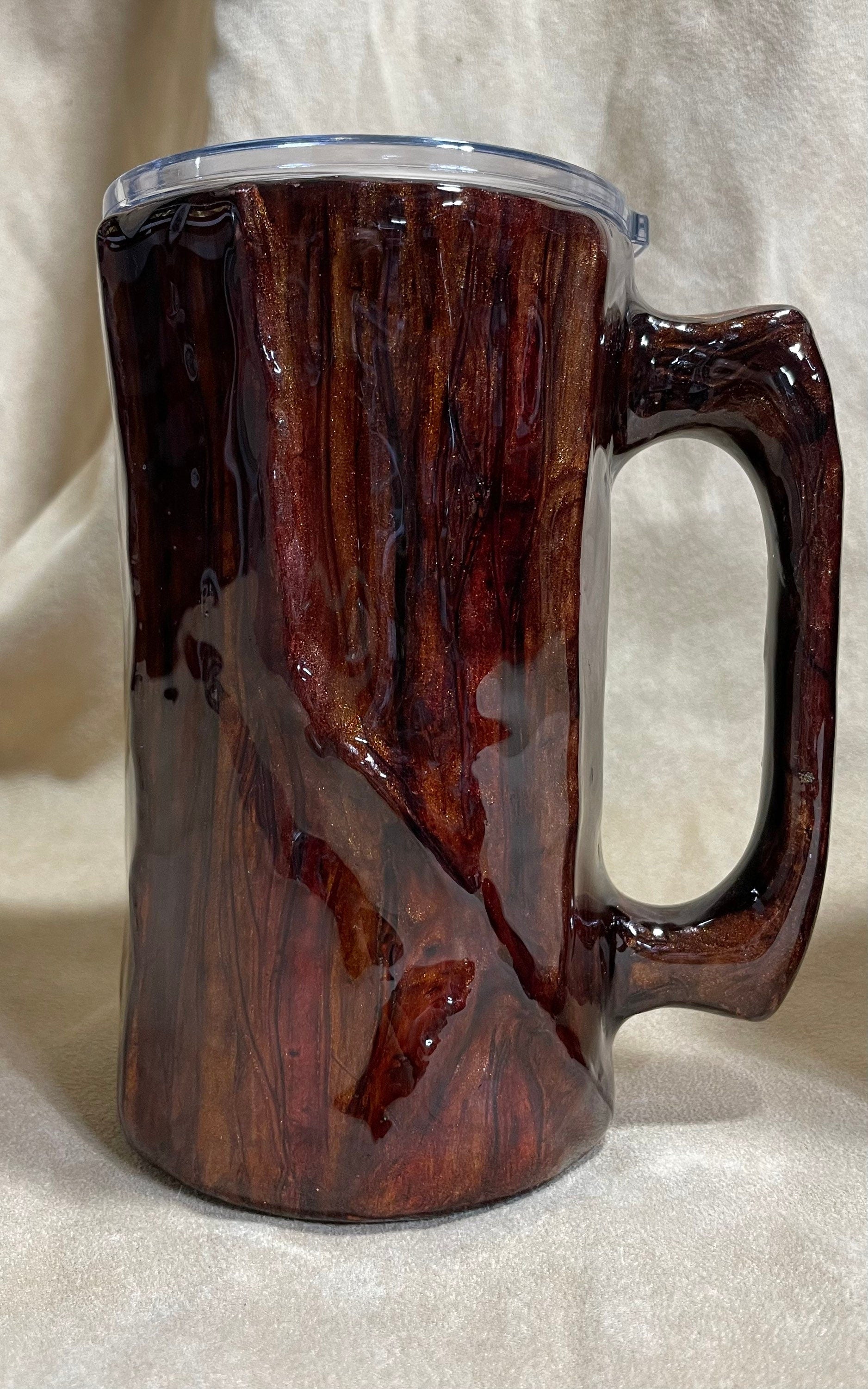 Handmade Wood Look Tumbler: 20oz Log Mug with Carved Heart