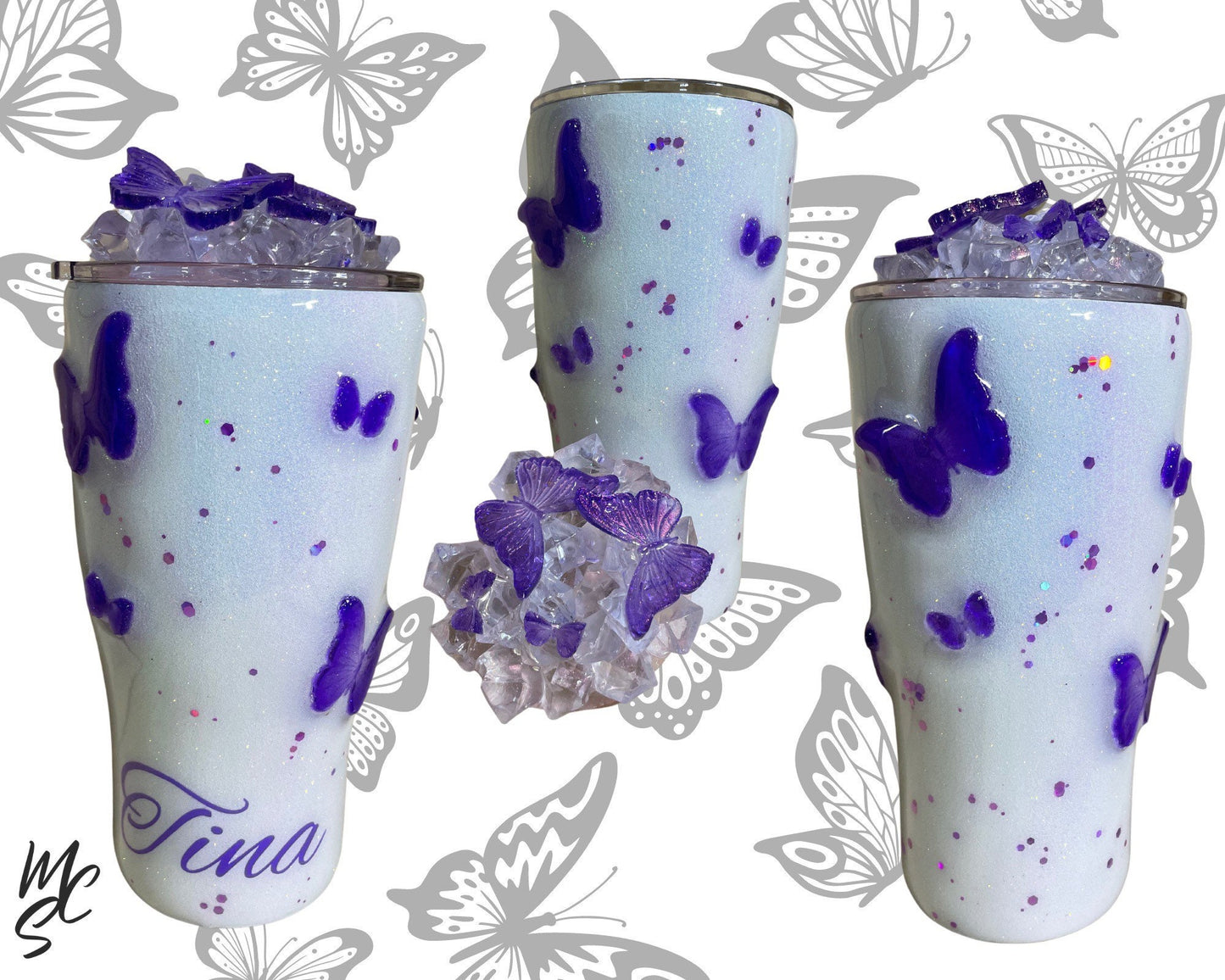 Butterflies Tumbler with 3D butterflies and 3D removable butterflies lid topper (Choose your butterflies colors in personalization)