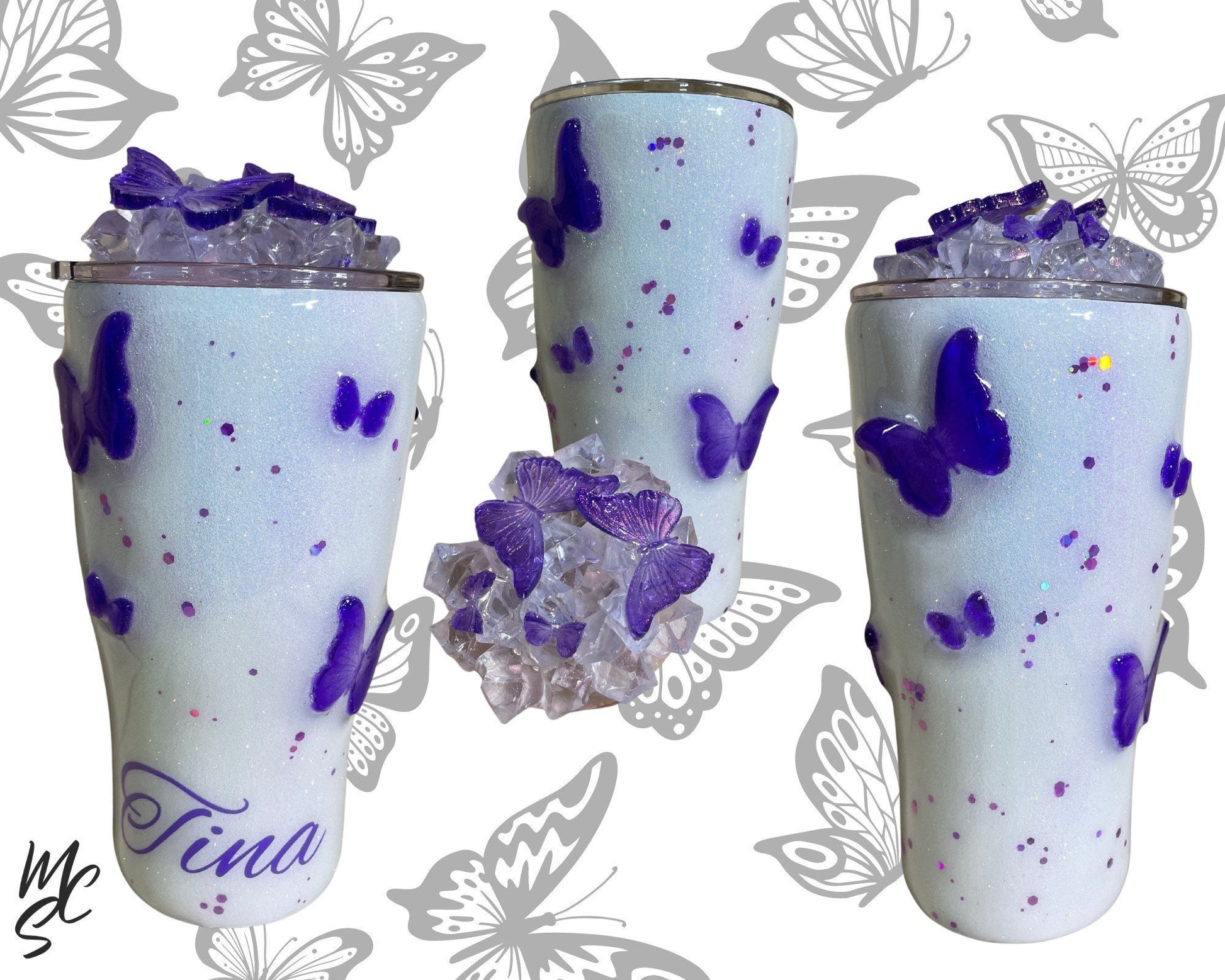 Butterflies Tumbler with 3D butterflies and 3D removable butterflies lid topper (Choose your butterflies colors in personalization)