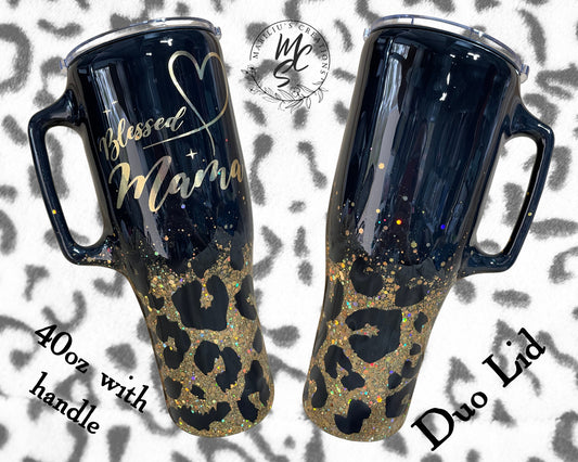 Animal print tumbler, glitter tumbler, black cup with gold glitter and gold lettering, gift for mother, daughter, sister, wife, girlfriend