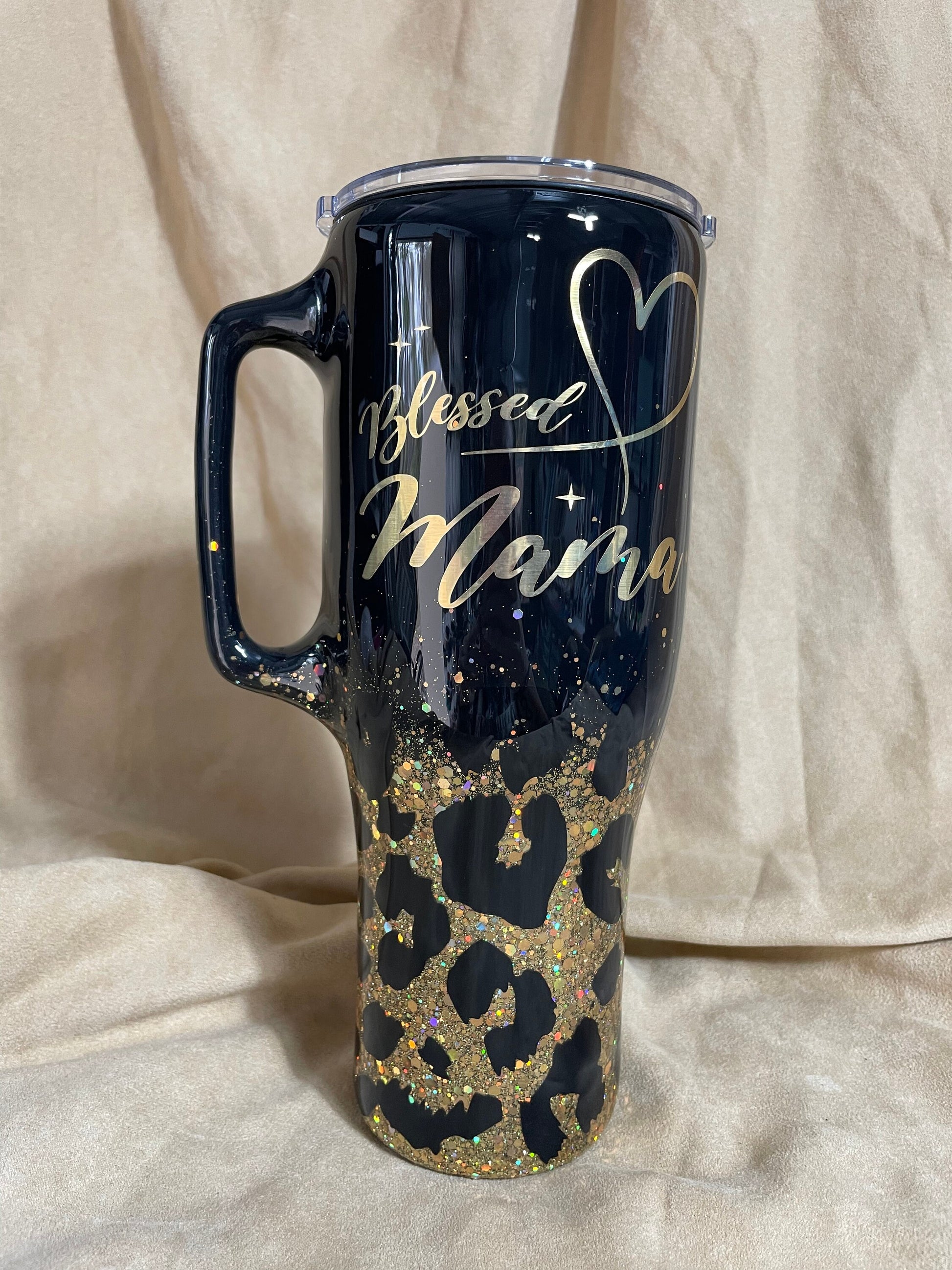 Animal print tumbler, glitter tumbler, black cup with gold glitter and gold lettering, gift for mother, daughter, sister, wife, girlfriend