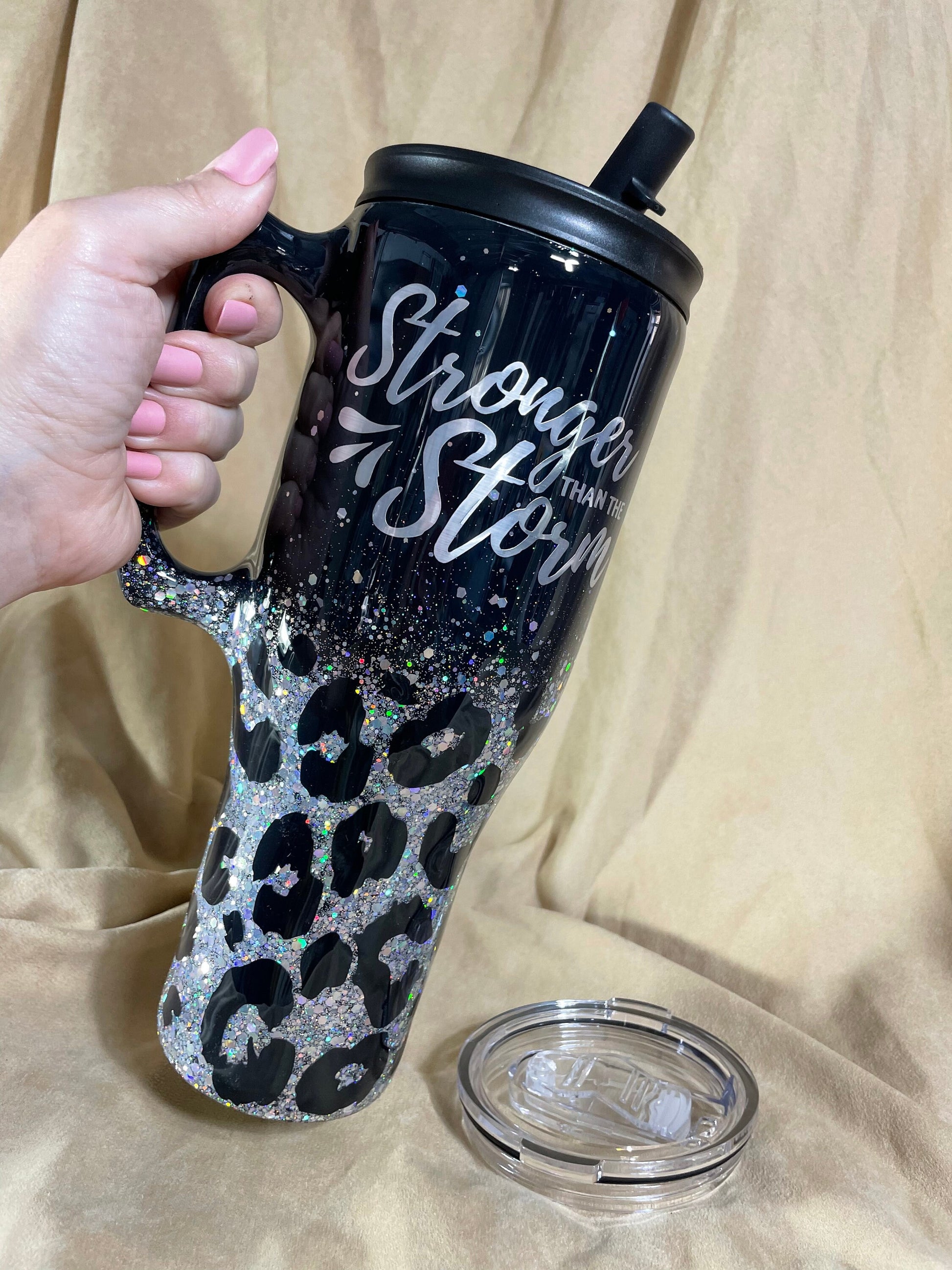 Leopard print tumbler, Black and Silver glitter animal print Tumbler with handle or many other cup sizes and styles available.