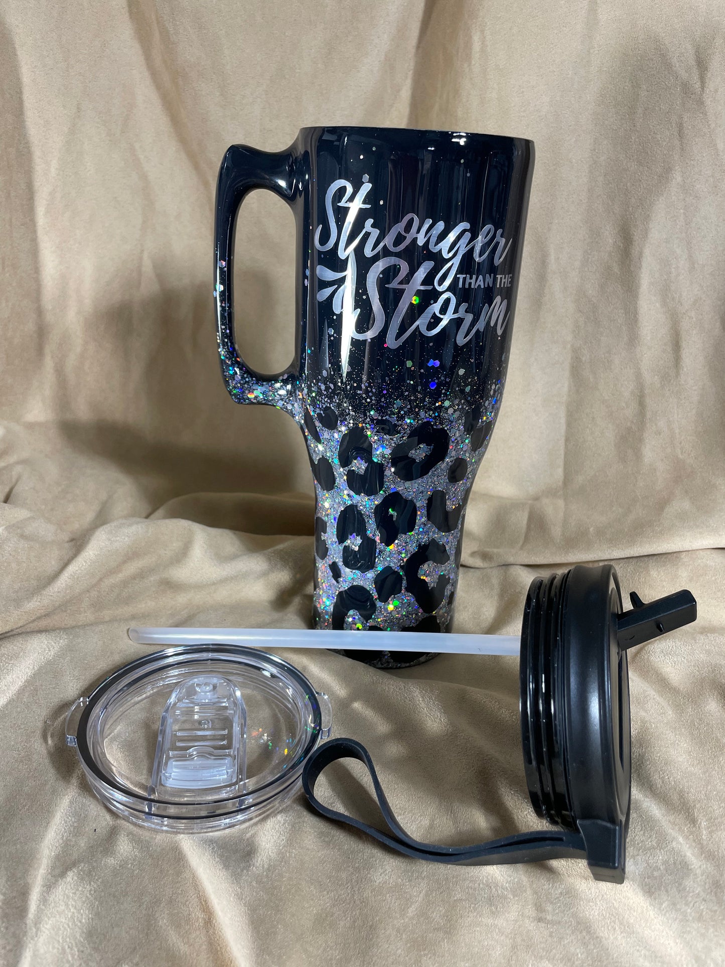 Leopard print tumbler, Black and Silver glitter animal print Tumbler with handle or many other cup sizes and styles available.