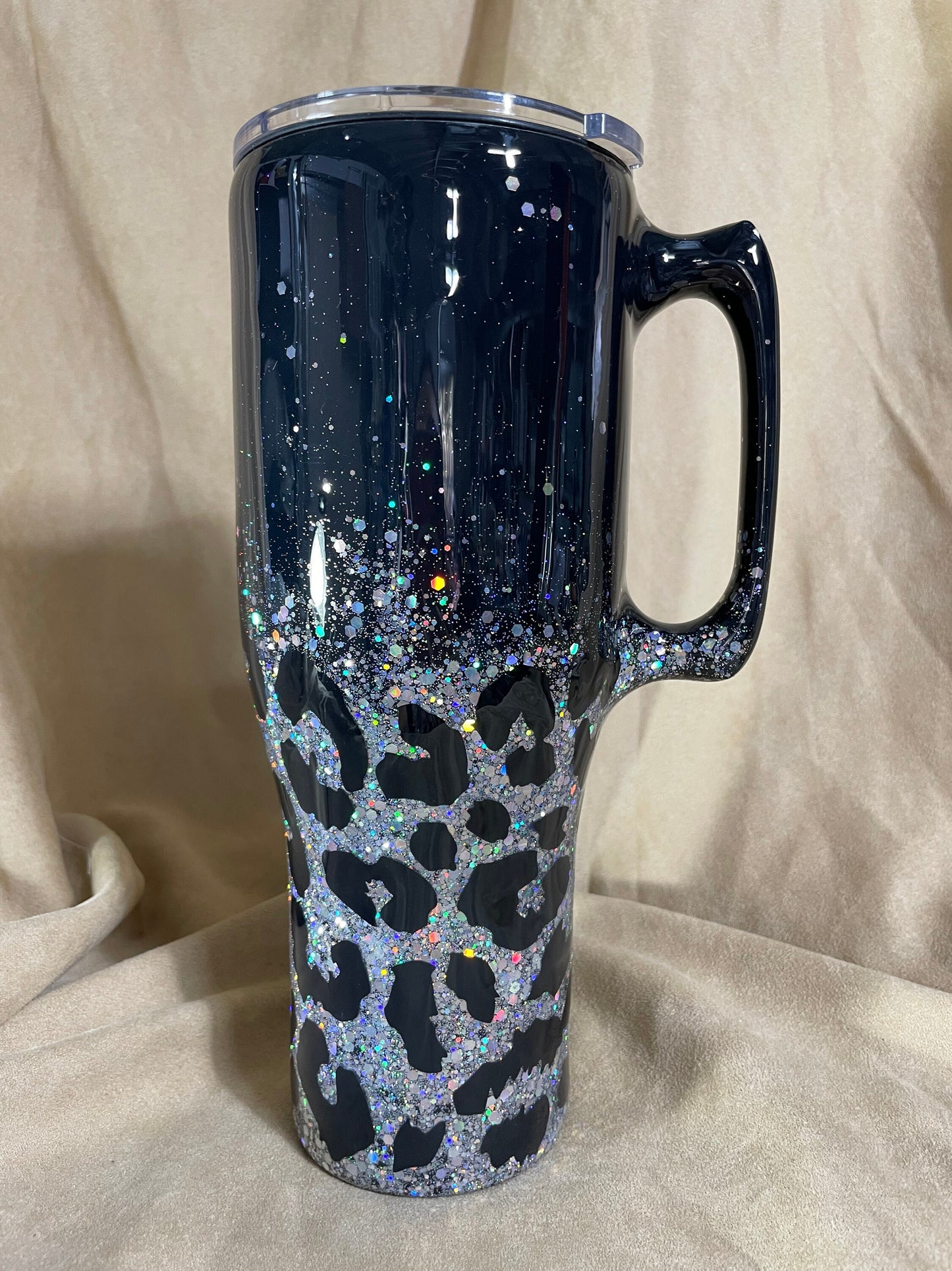 Leopard print tumbler, Black and Silver glitter animal print Tumbler with handle or many other cup sizes and styles available.