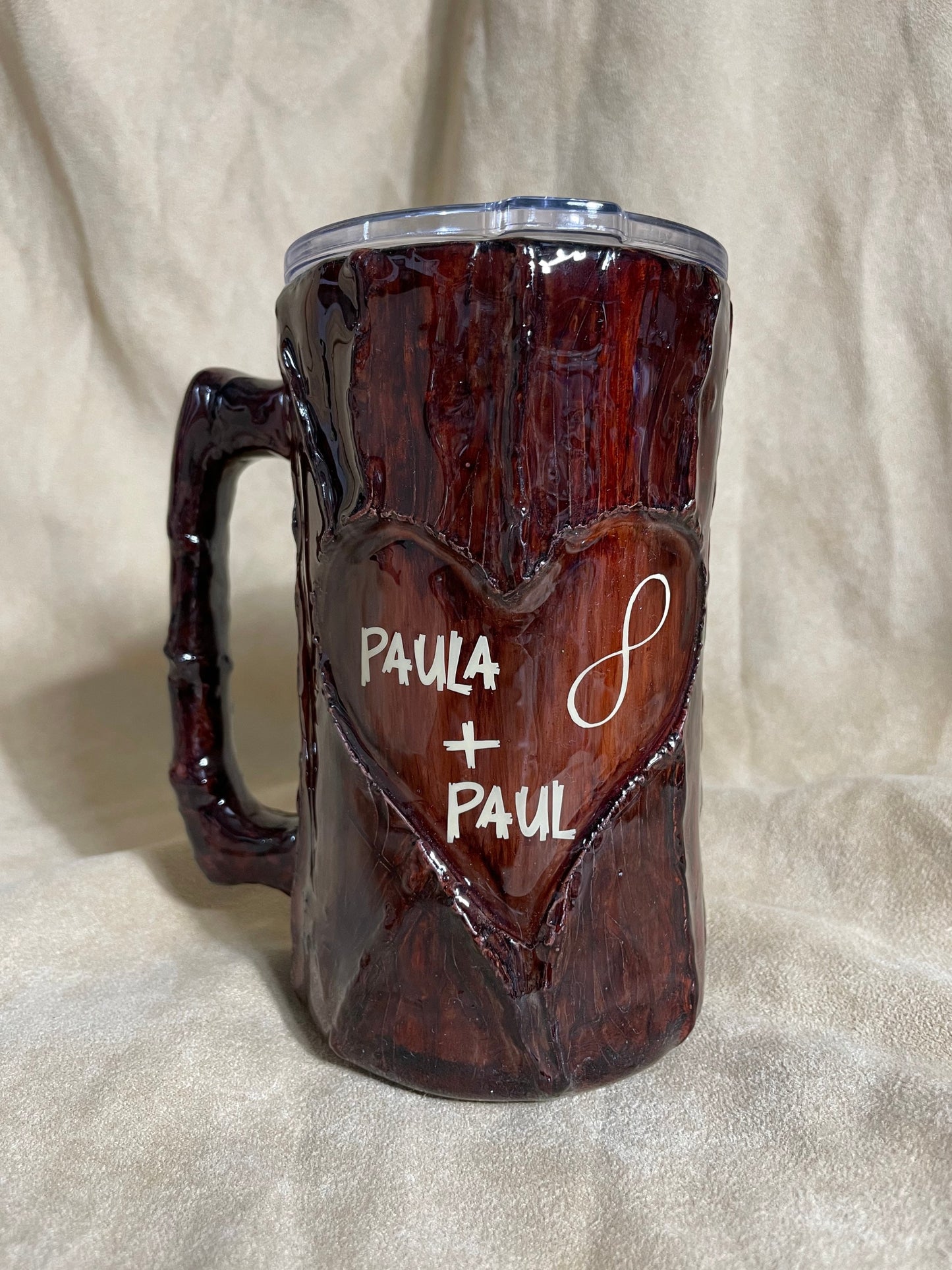 Wood tumbler, Log Mug Tumbler, 20oz personalized customized 3d handmade wood looking cup with a carved heart.