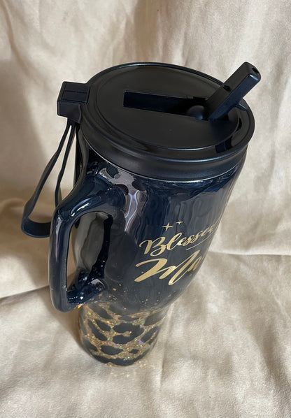 Animal print tumbler, glitter tumbler, black cup with gold glitter and gold lettering, gift for mother, daughter, sister, wife, girlfriend