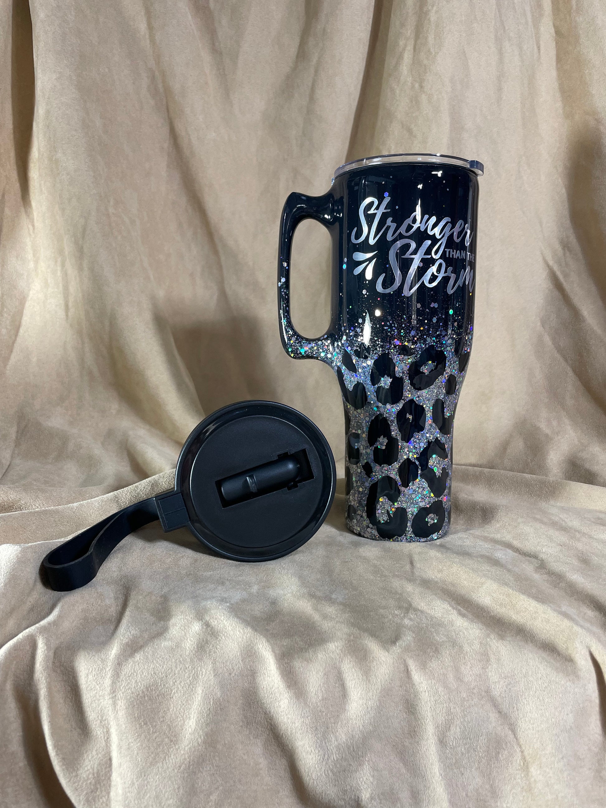 Leopard print tumbler, Black and Silver glitter animal print Tumbler with handle or many other cup sizes and styles available.