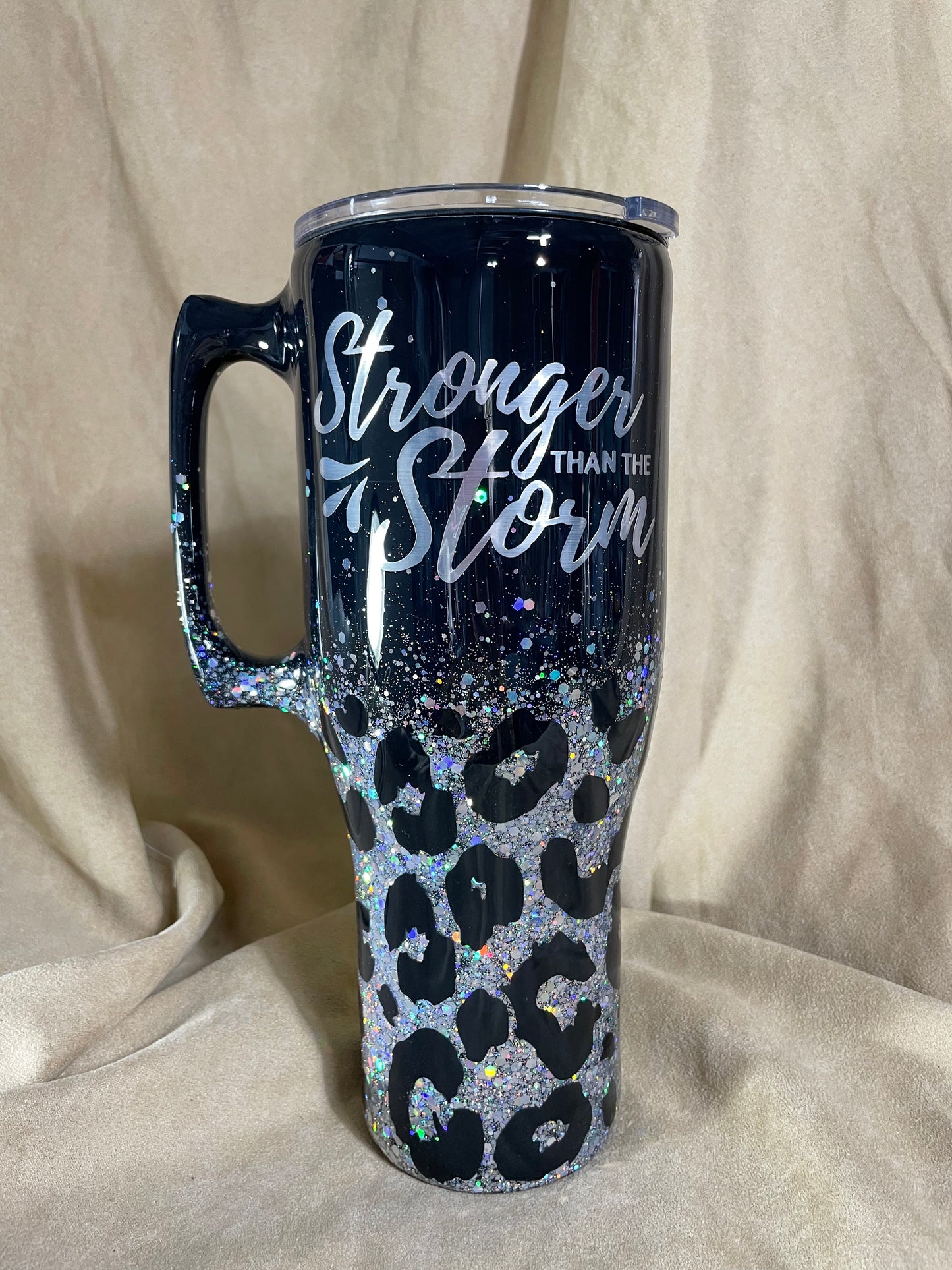 Leopard print tumbler, Black and Silver glitter animal print Tumbler with handle or many other cup sizes and styles available.