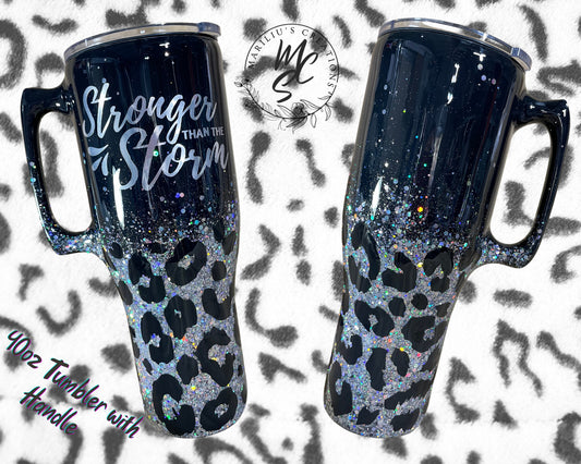 Leopard print tumbler, Black and Silver glitter animal print Tumbler with handle or many other cup sizes and styles available.