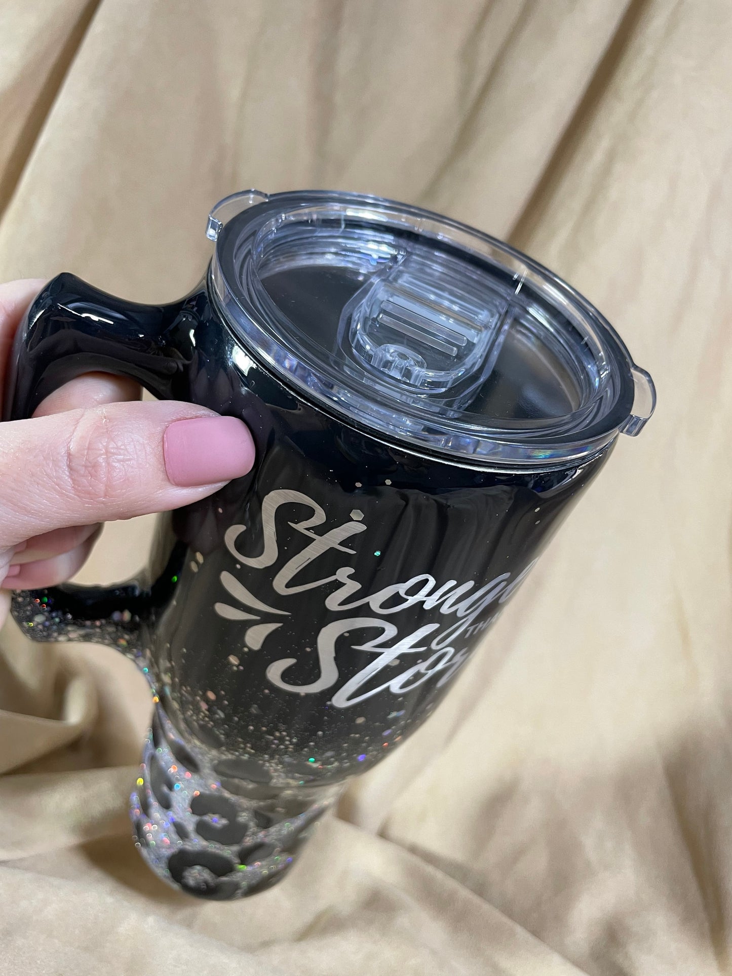 Leopard print tumbler, Black and Silver glitter animal print Tumbler with handle or many other cup sizes and styles available.