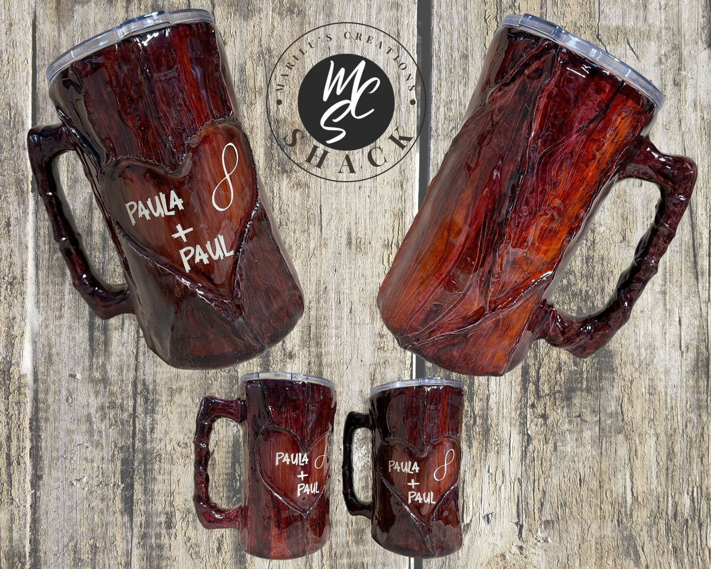 Handmade Wood Look Tumbler: 20oz Log Mug with Carved Heart