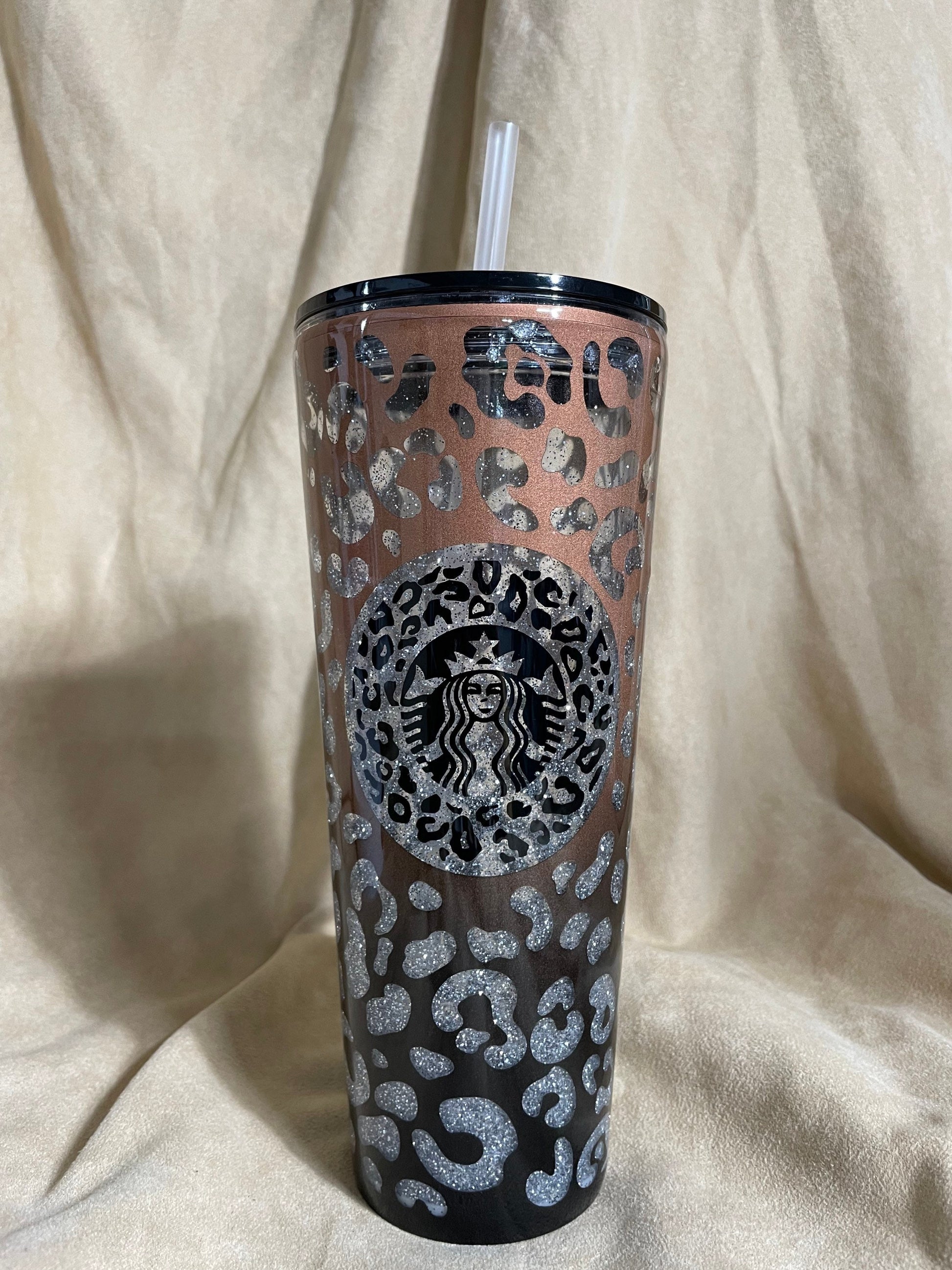 Leopard print tumbler, Black and Rose Gold Peekaboo Snow Globe Tumbler (24oz)