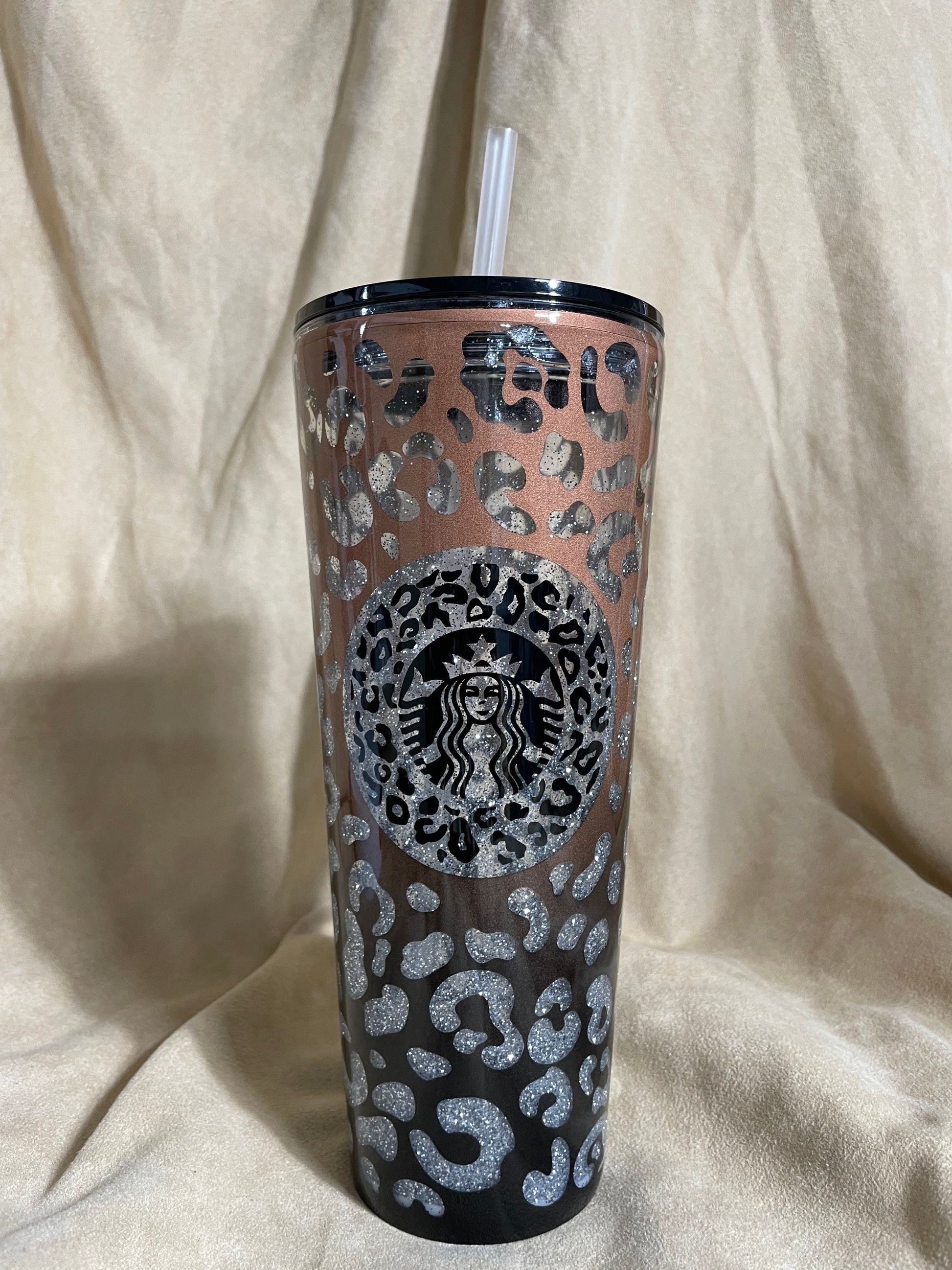 Leopard print tumbler, Black and Rose Gold Peekaboo Snow Globe Tumbler (24oz)