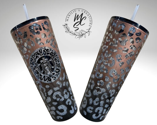 Leopard print tumbler, Black and Rose Gold Peekaboo Snow Globe Tumbler (24oz)