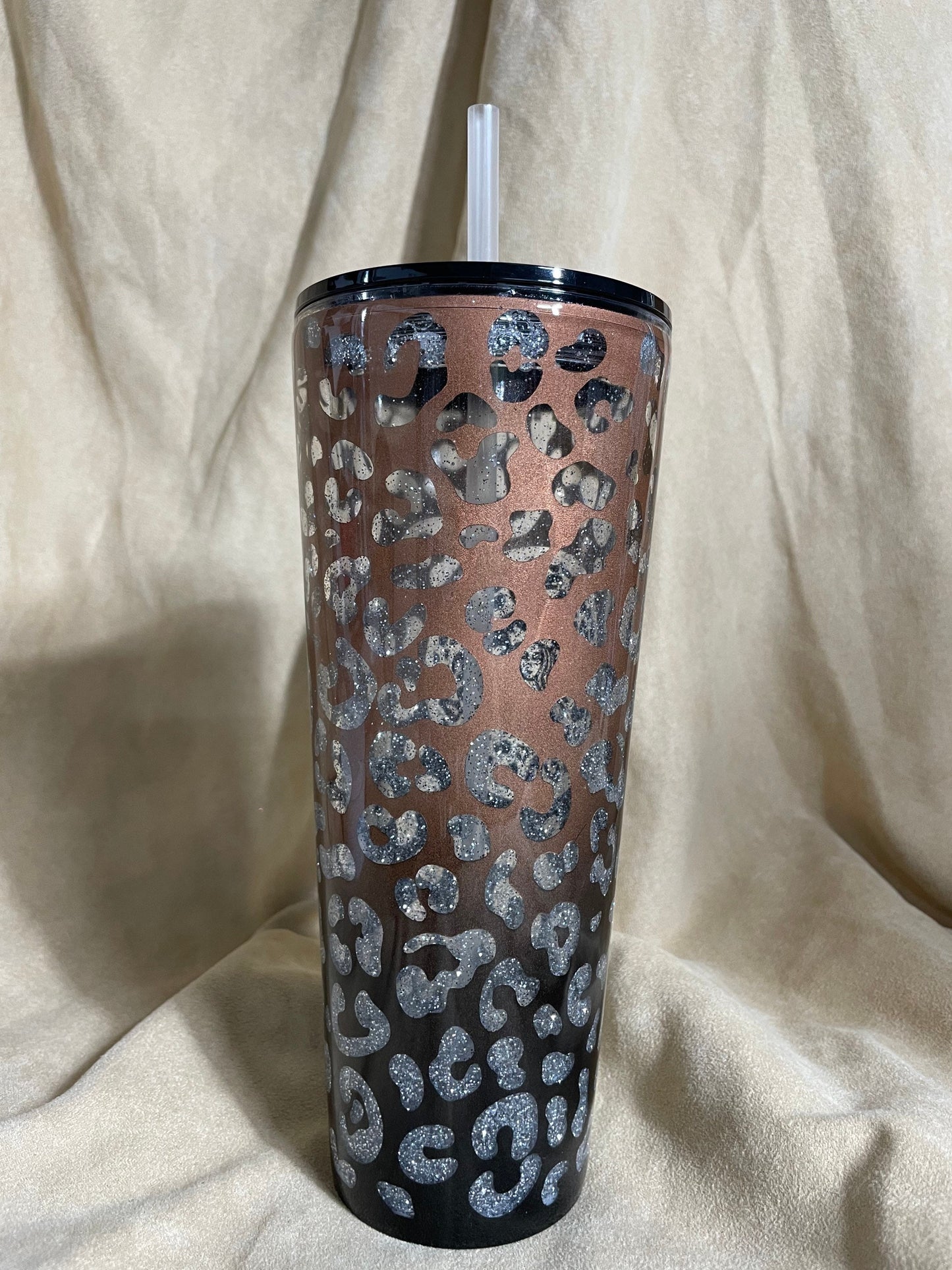 Leopard print tumbler, Black and Rose Gold Peekaboo Snow Globe Tumbler (24oz)