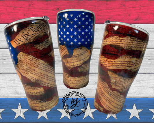 Patriotic handmade tumbler, We the people constitution with red glitter background, Flag cup, 4th of July tumbler.