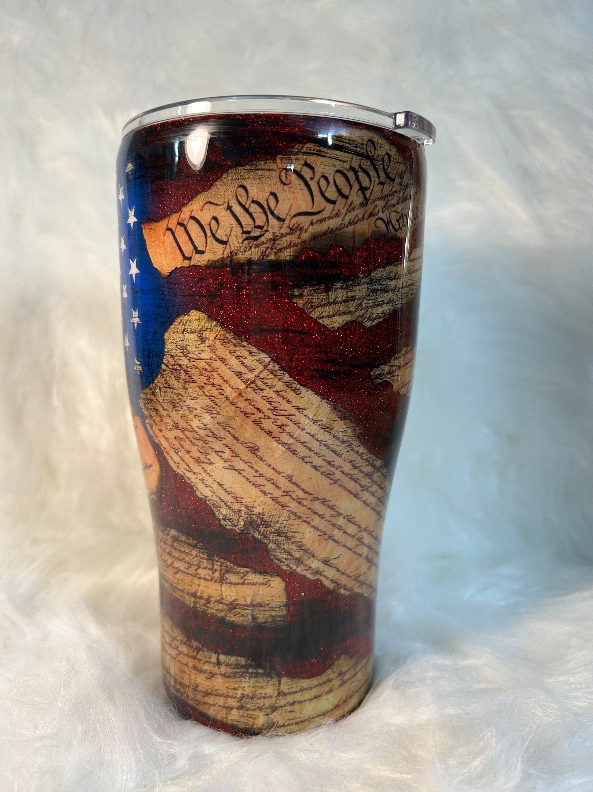 Patriotic handmade tumbler, We the people constitution with red glitter background, Flag cup, 4th of July tumbler.