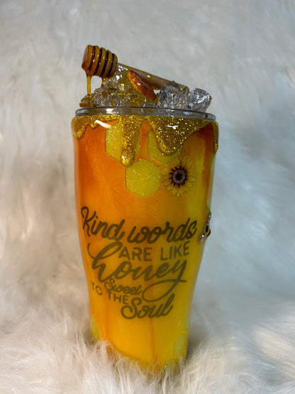 Bee Tumbler, honey bee and sunflowers 3D Tumbler with removable 3d Topper, 3d bees and honey dripping peekaboo glitter tumbler, gift for her