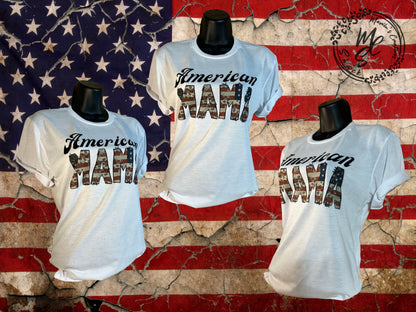 Mommy and me shirts, American Mama, American Mini matching adult t-shirt, youth tee, toddler and baby suit, white super soft very comfy.