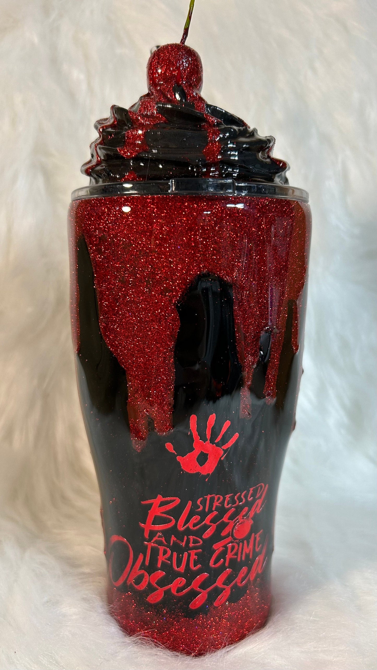 True Crime Tumbler with 3D dripping and Removable Topper, blessed and obsessed. Customizable/Personalizeable.