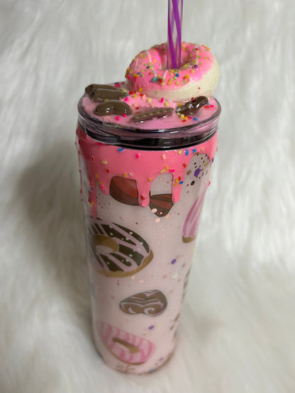 Donut Tumbler, 20oz Straight Skinny pink donut and pastries design with 3d donut topper with a touch of glitter, straw and extra plain lid