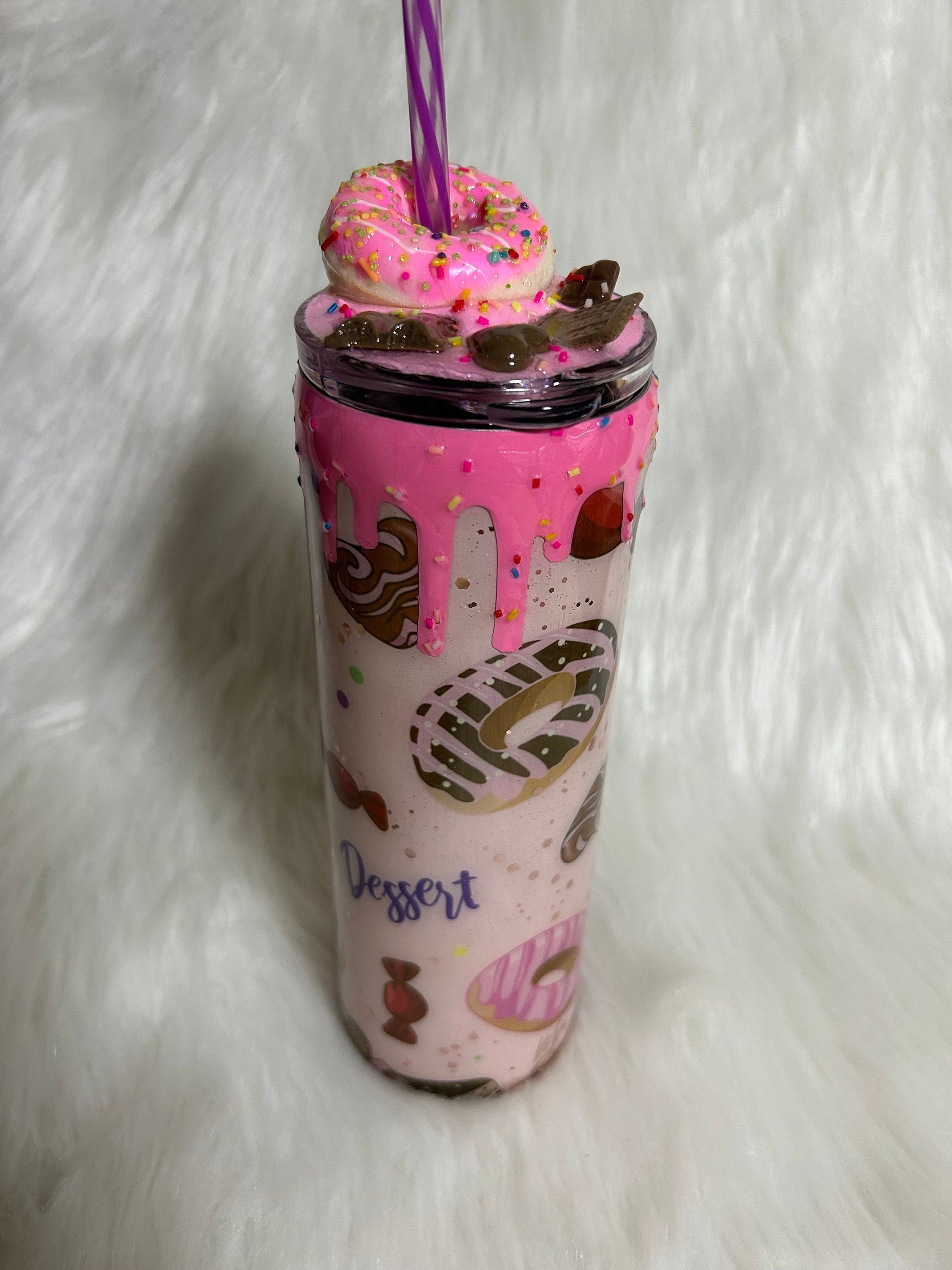 Doughnut Tumbler (20oz with straw) pink donut and pastries design with 3d donut topper not removable topper. Glitter cup