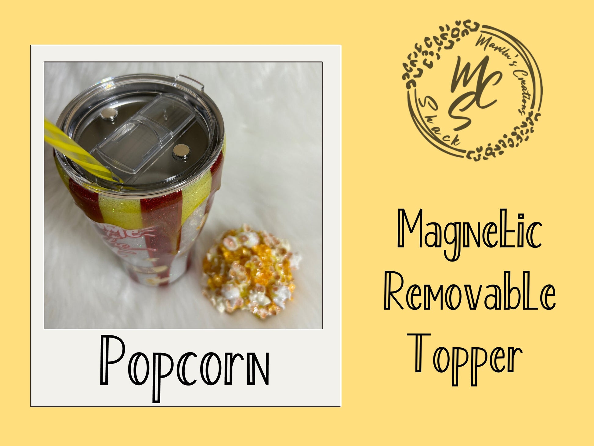 Popcorn Tumbler with 3D removable topper with realistic kernels and 3d butter dripping, welcome to the sh*t show cup, red and white glitter