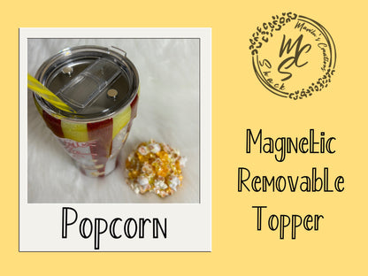 Popcorn Tumbler with 3D removable topper with realistic kernels and 3d butter dripping, welcome to the sh*t show cup, red and white glitter