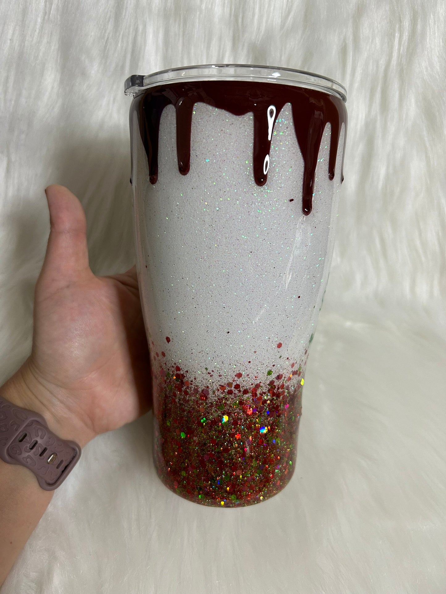 Sleighin’ or Slayin’ custom tumbler with 3D dripping, Christmas Cup, Serial killer Podcasts Tumblers, 3D Blood dripping, glitter/epoxy.