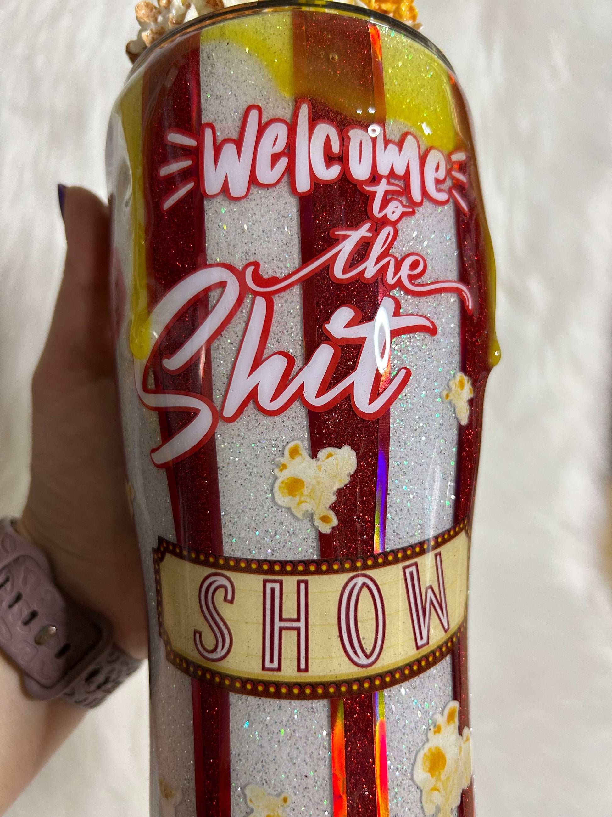 Popcorn Tumbler with 3D removable topper with realistic kernels and 3d butter dripping, welcome to the sh*t show cup, red and white glitter