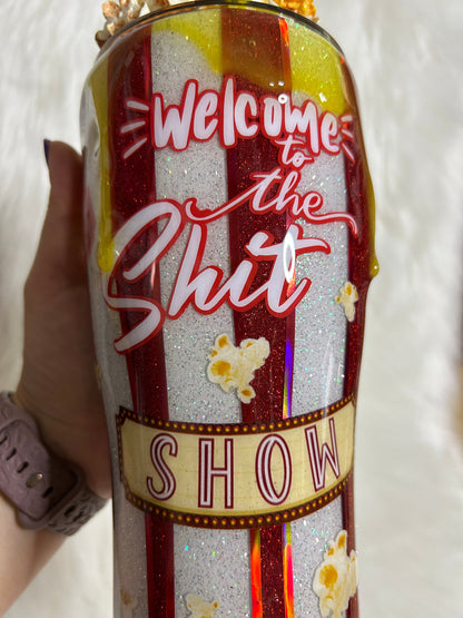 Popcorn Tumbler with 3D removable topper with realistic kernels and 3d butter dripping, welcome to the sh*t show cup, red and white glitter