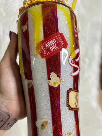 Popcorn Tumbler with 3D removable topper with realistic kernels and 3d butter dripping, welcome to the sh*t show cup, red and white glitter