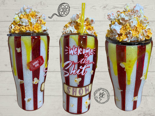 Popcorn Tumbler with 3D removable topper with realistic kernels and 3d butter dripping, welcome to the sh*t show cup, red and white glitter