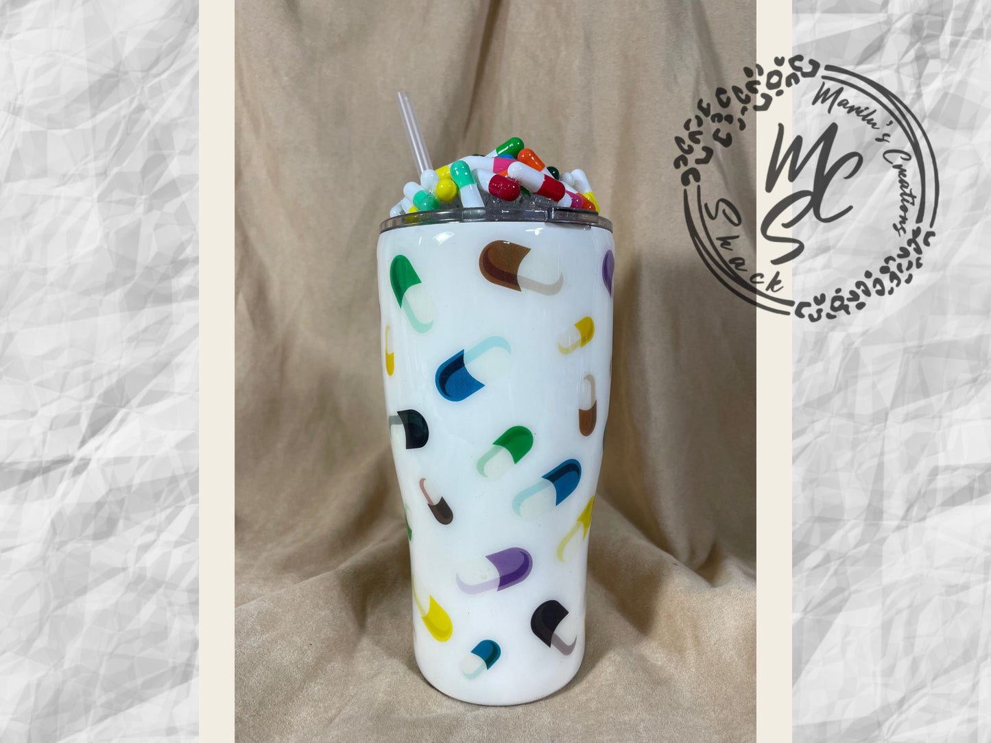 Pills custom tumbler, 3D fake pills removable topper, personalized with any text you want.