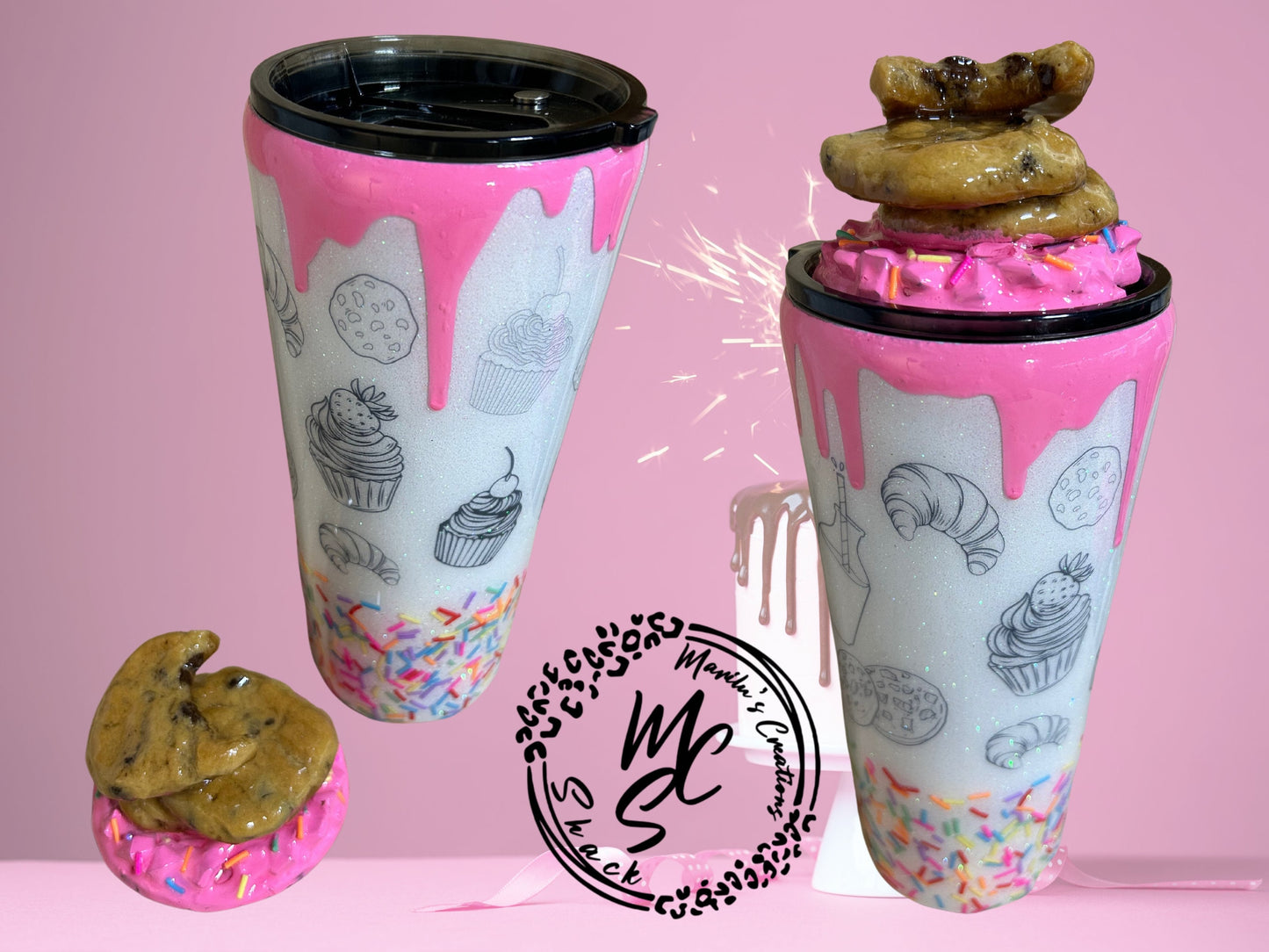 Sprinkles and glitter pastries, cupcakes and cookies 3D tumbler with removable cookies on top of a cake topper and pink dripping. Cute cup.