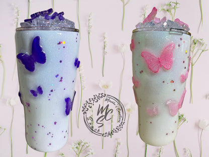Butterflies Tumbler with 3D butterflies and 3D removable butterflies lid topper (Choose your butterflies colors in personalization)