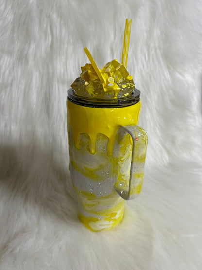 Lemonade “Mocha” custom tumbler, 3D lemon and ice topper, leopard print and lemons logo, 3D yellow dripping, crushed ice and ice cubes