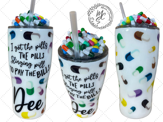 Pills custom tumbler, 3D fake pills removable topper, personalized with any text you want.