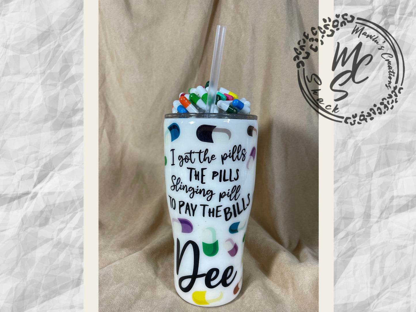 Pills custom tumbler, 3D fake pills removable topper, personalized with any text you want.