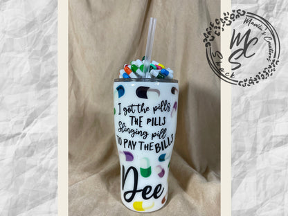Pills custom tumbler, 3D fake pills removable topper, personalized with any text you want.