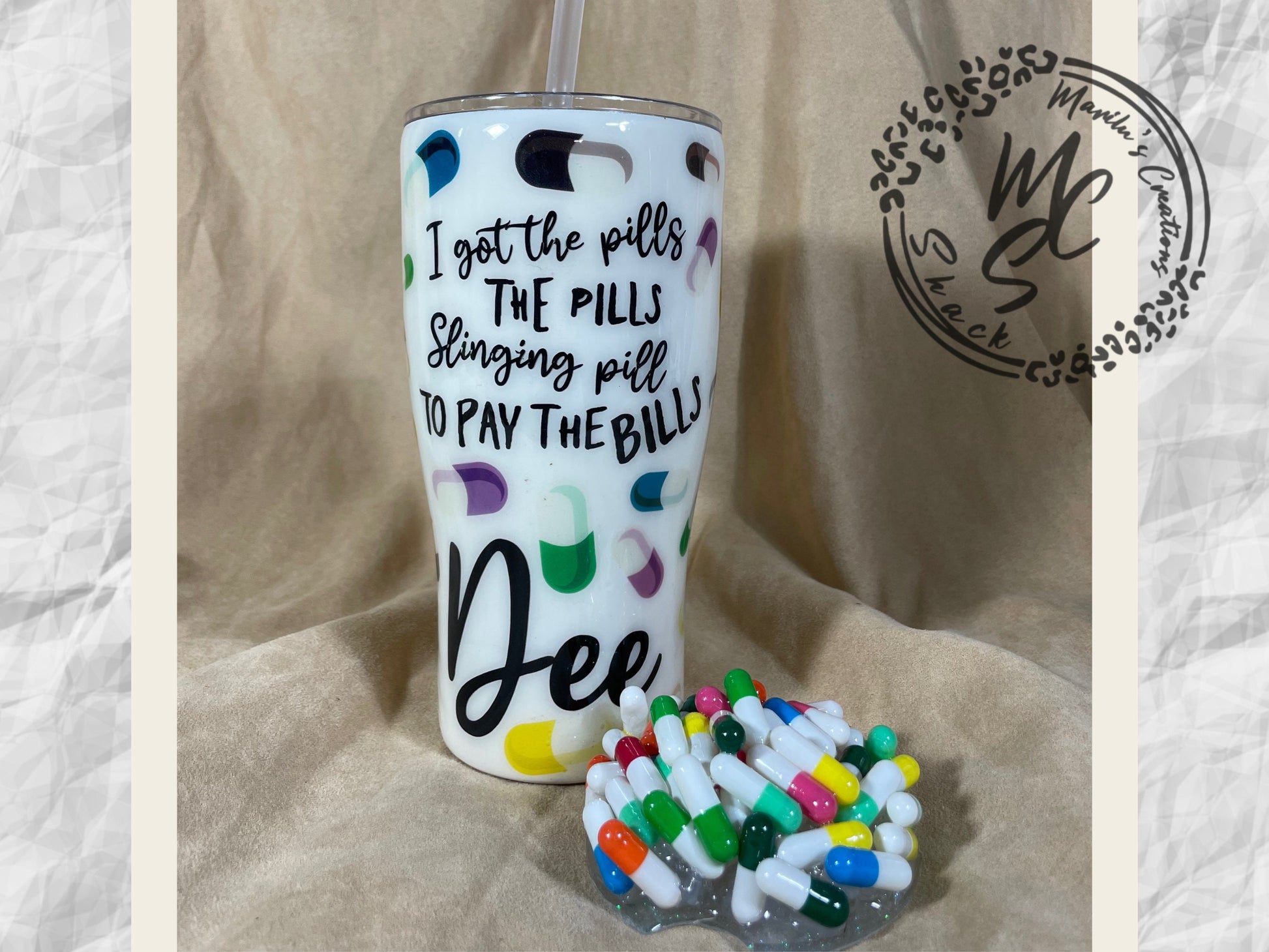Pills custom tumbler, 3D fake pills removable topper, personalized with any text you want.