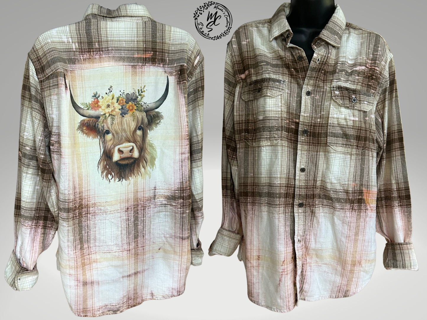 Flannel Highland cattle bleached distressed, super soft real flannel, tan plaid color cow with flowers top, gift for her, cow lovers.