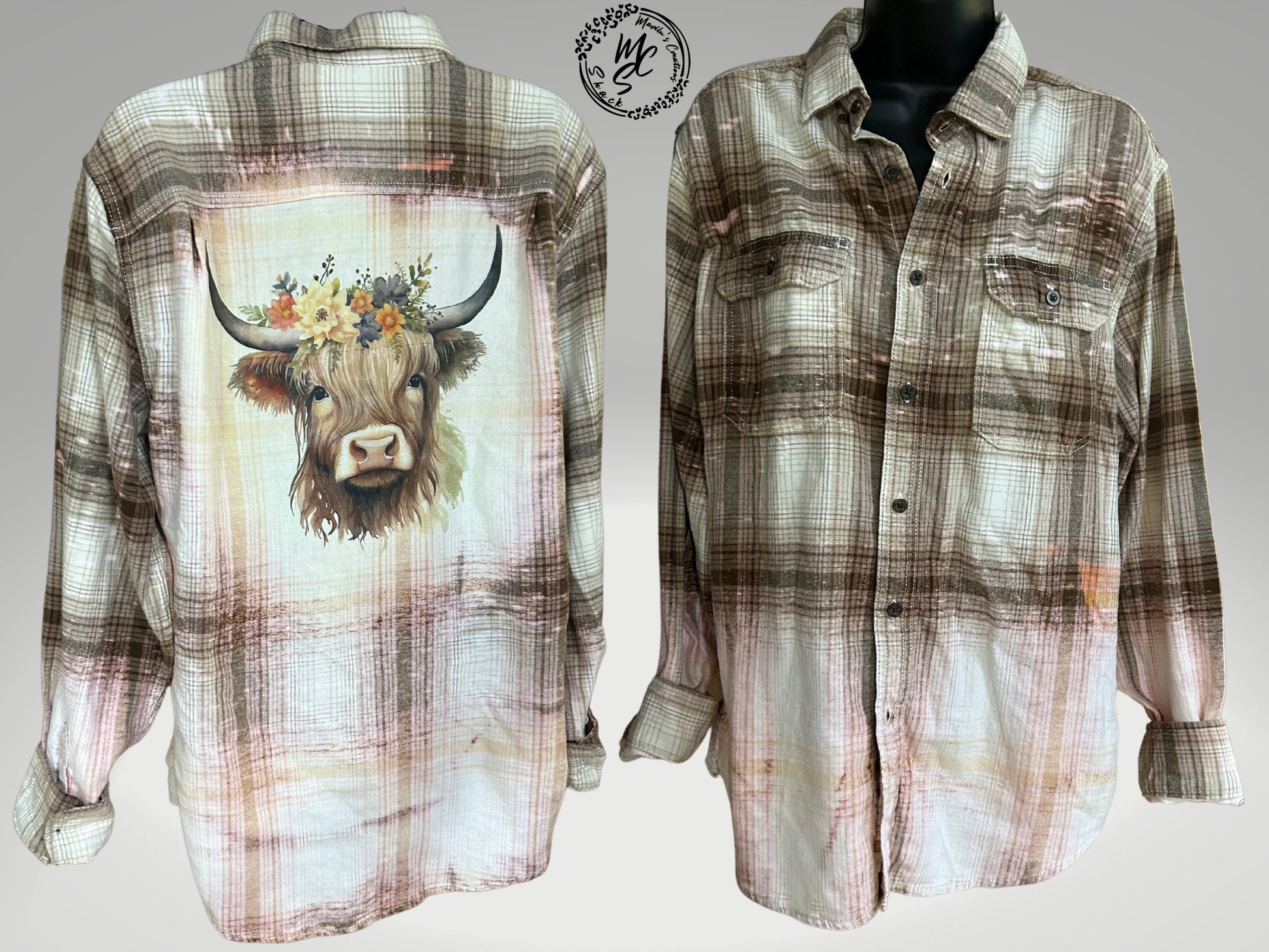Flannel Highland cattle bleached distressed, super soft real flannel, tan plaid color cow with flowers top, gift for her, cow lovers.